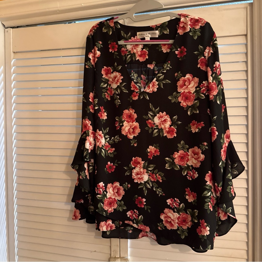 Chelsea & Theodore Black Floral Blouse with Pink Highlights